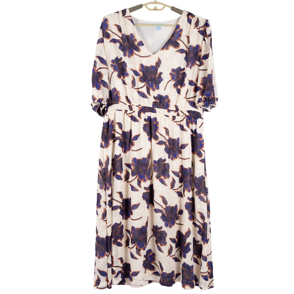 Draper‎ James RSVP Jacquard Woven Floral Maxi Dress XXL Blue Brown Puff Sleeve
